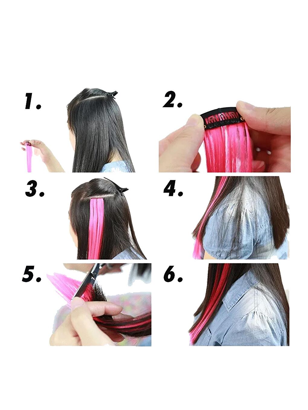 Pembe Uzun Düz Sentetik Saç Uzatma Çıt Çıt Postiş-3