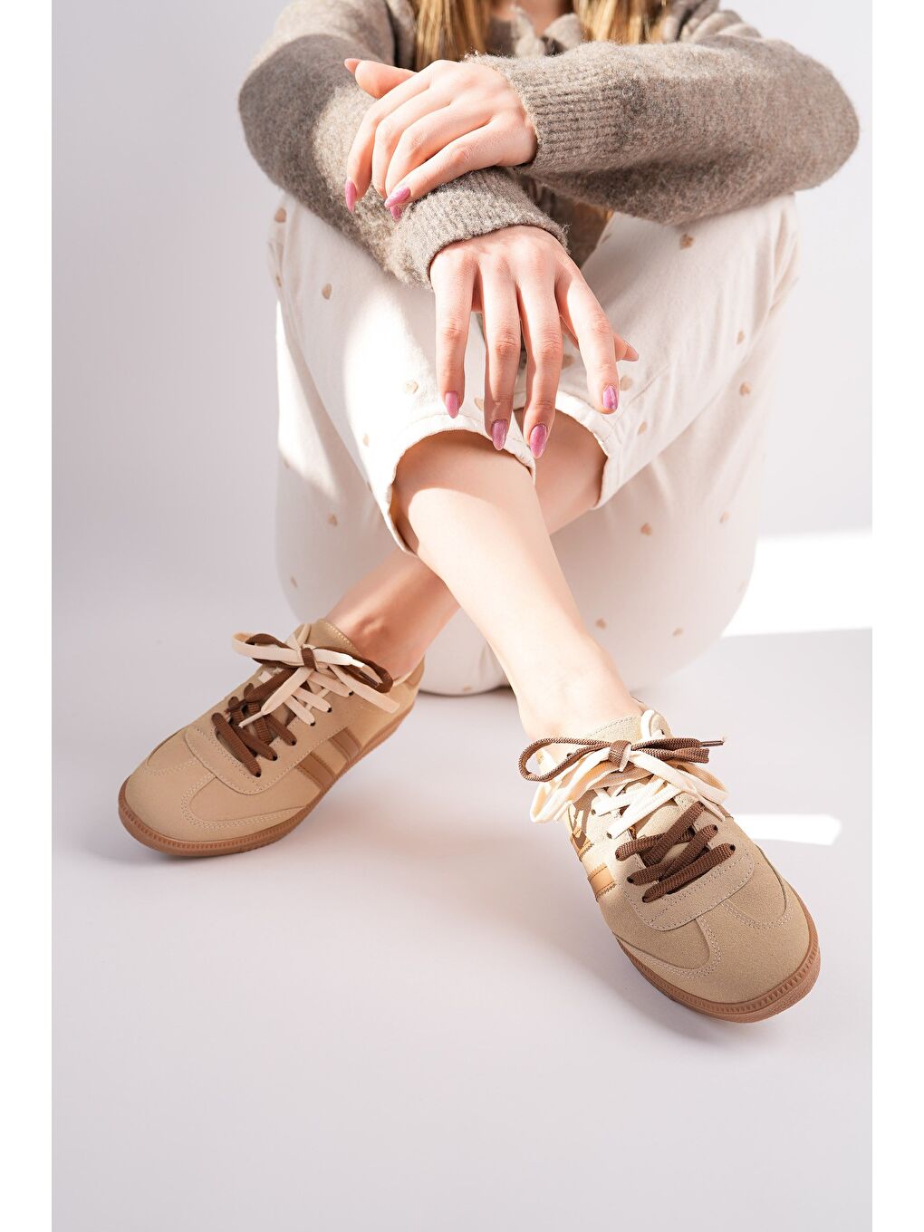 Bej TAUPE Çift Bağcıklı Günlük Kadın Sneaker Spor Ayakkabı-4
