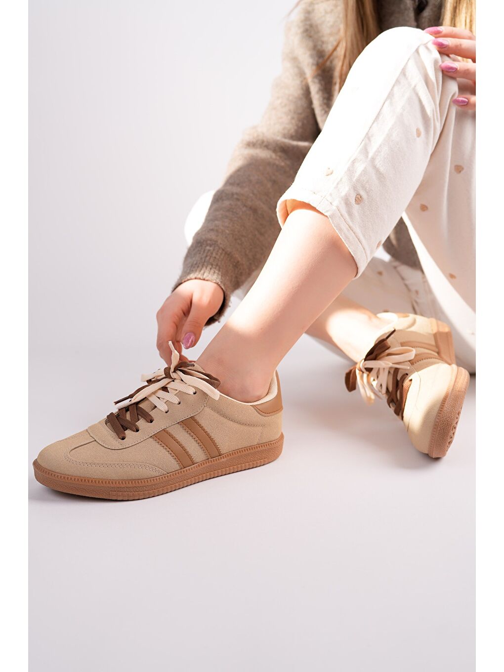 Bej TAUPE Çift Bağcıklı Günlük Kadın Sneaker Spor Ayakkabı-5