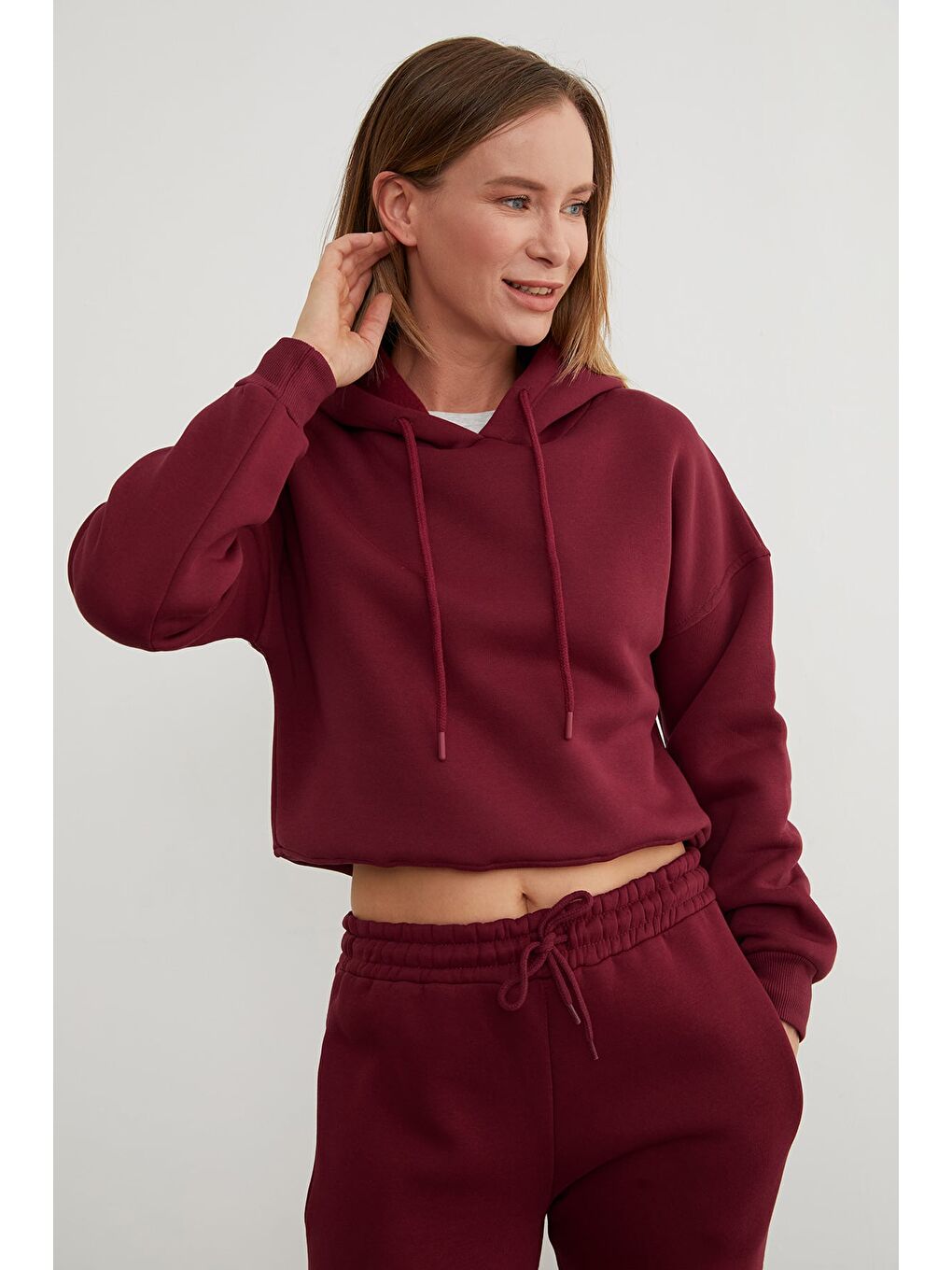 Bordo 3 İplik Basic Kapüşonlu Sweatshirt-1