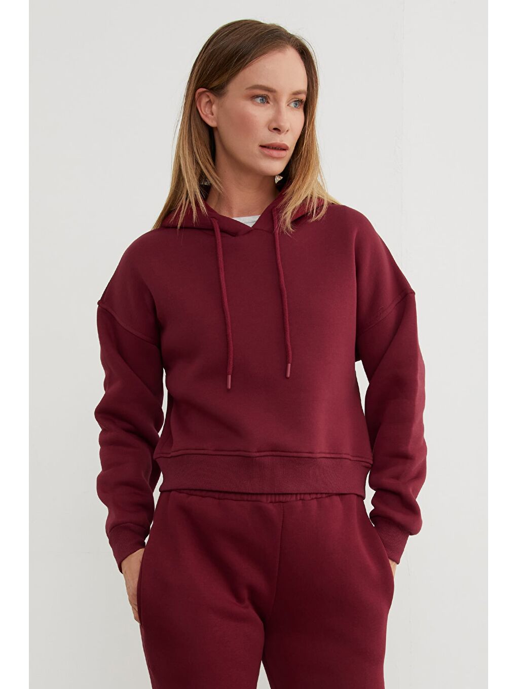 Bordo 3 İplik Basic Kapüşonlu Sweatshirt-3