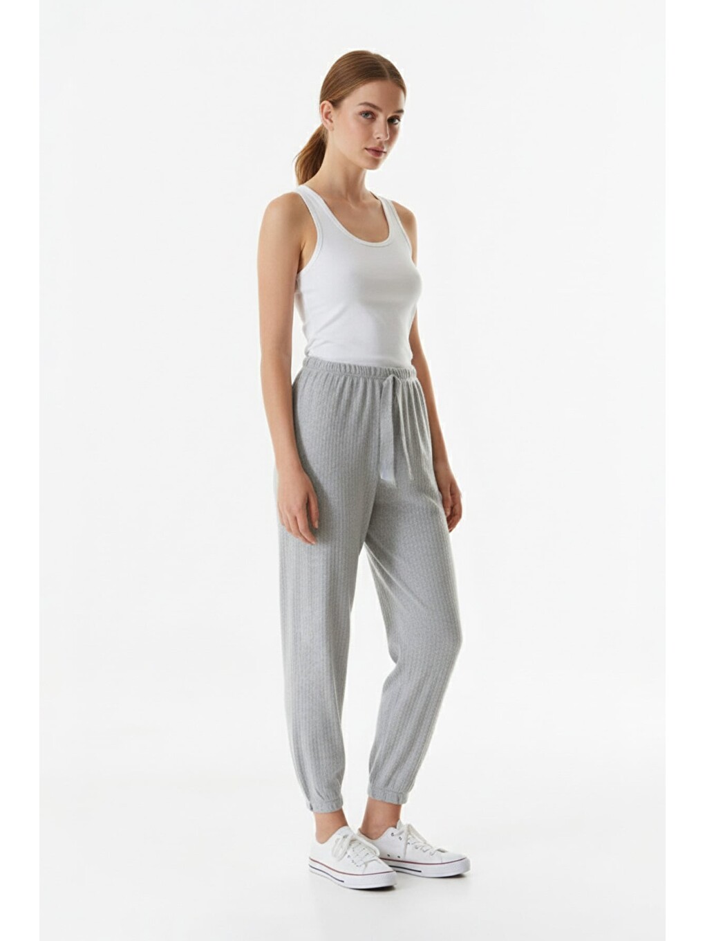 Gri Fitilli Beli Lastikli Jogger Pantolon