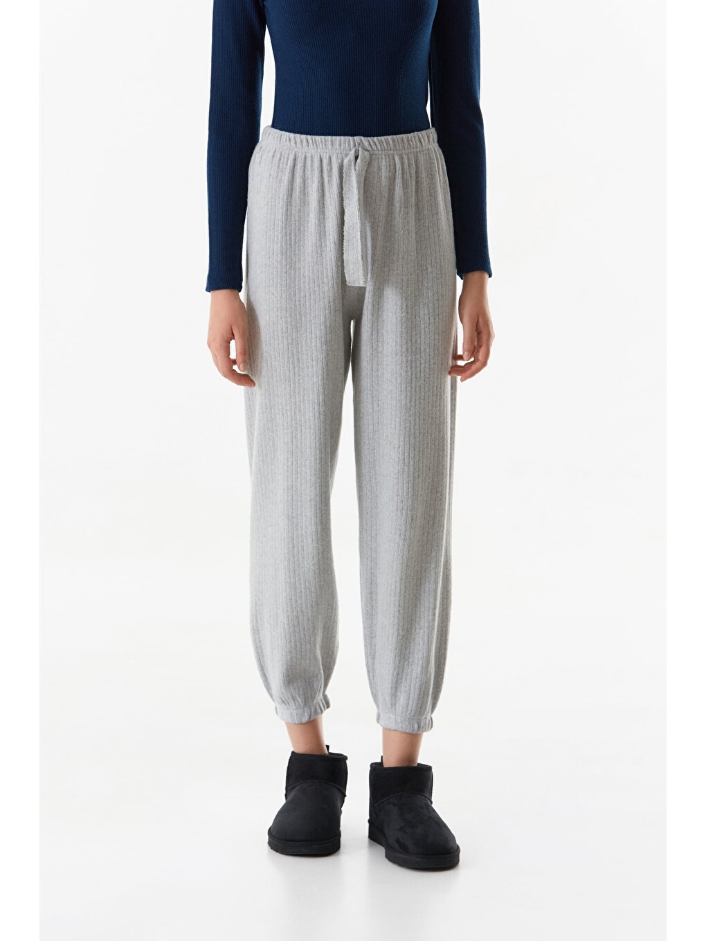 Gri Fitilli Beli Lastikli Jogger Pantolon-4