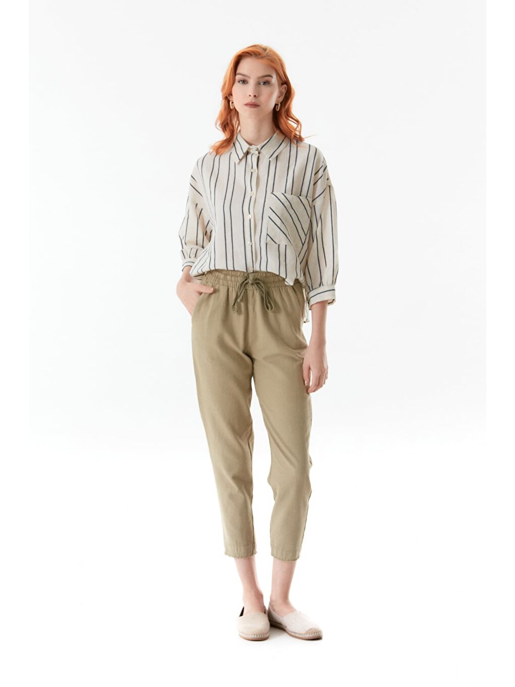 Haki Paçası Püsküllü Beli Lastikli Keten Pantolon