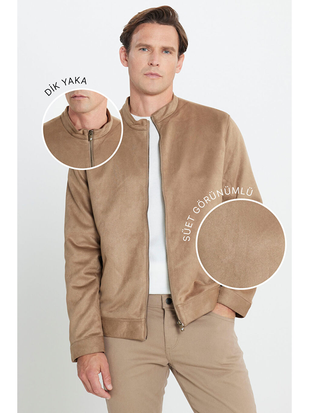 Erkek Bej Standart Fit Normal Kesim Dik Yaka Yağlı Görünümlü Mont-3