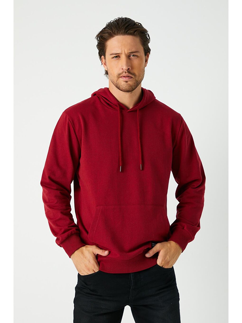 Bordo  Kapüşonlu Kanguru Cepli Erkek Büyük Beden Hoodie-1