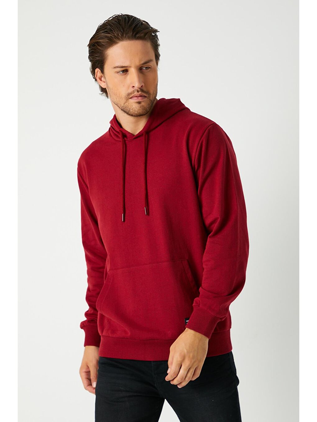 Bordo  Kapüşonlu Kanguru Cepli Erkek Büyük Beden Hoodie-2