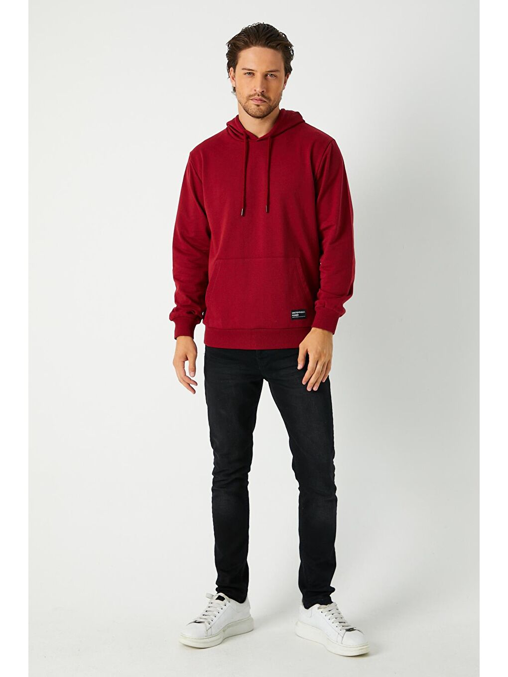 Bordo  Kapüşonlu Kanguru Cepli Erkek Büyük Beden Hoodie-3