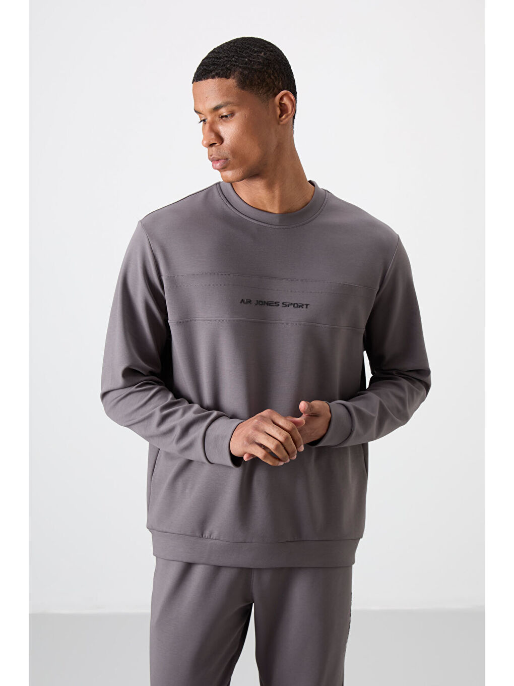 Gri Pamuklu Kalın Yumuşak Dokulu Comfort Fit Baskılı Erkek Eşofman Takım - 85253-1