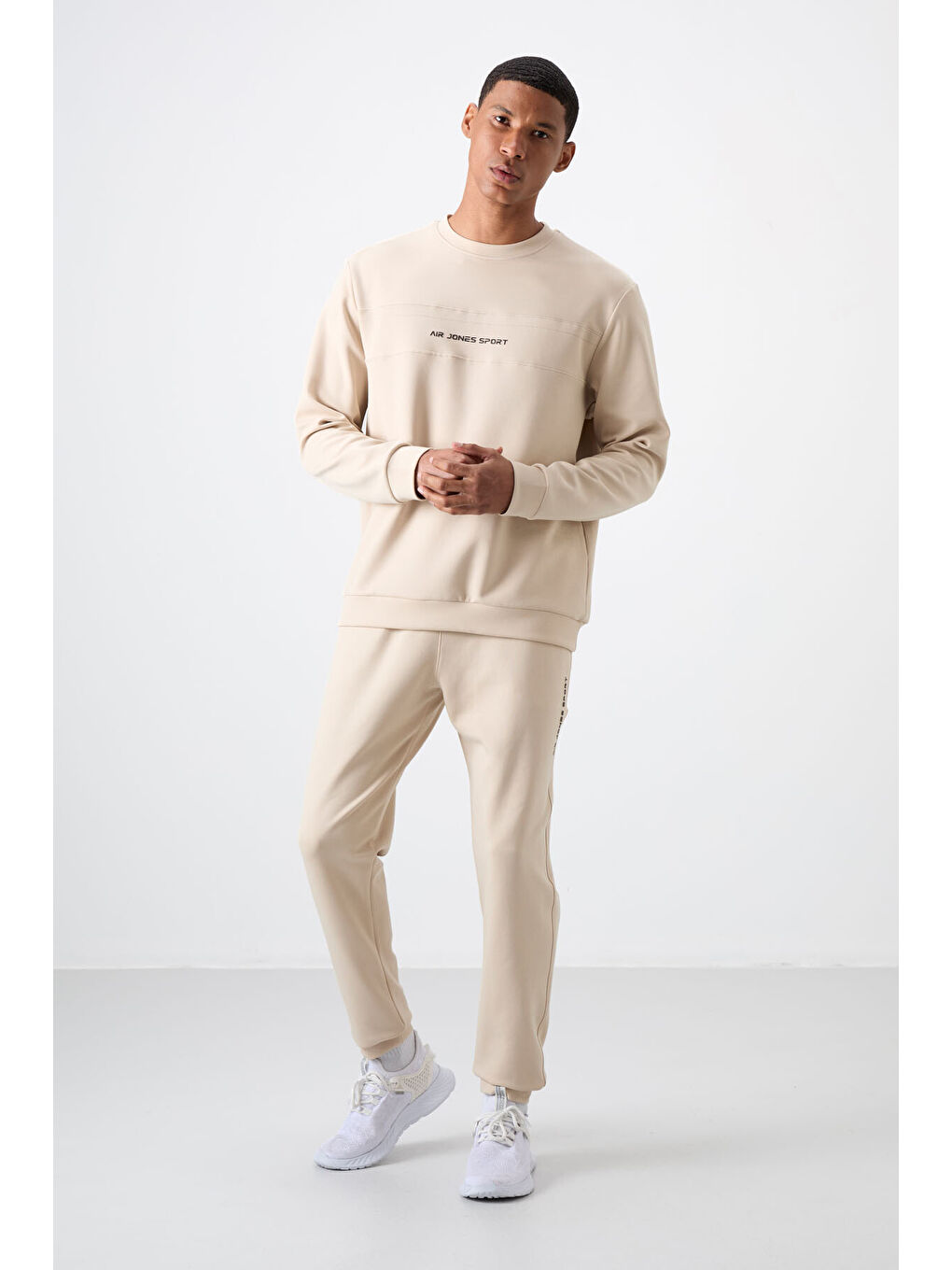 Bej Pamuklu Kalın Yumuşak Dokulu Comfort Fit Baskılı Erkek Eşofman Takım - 85253