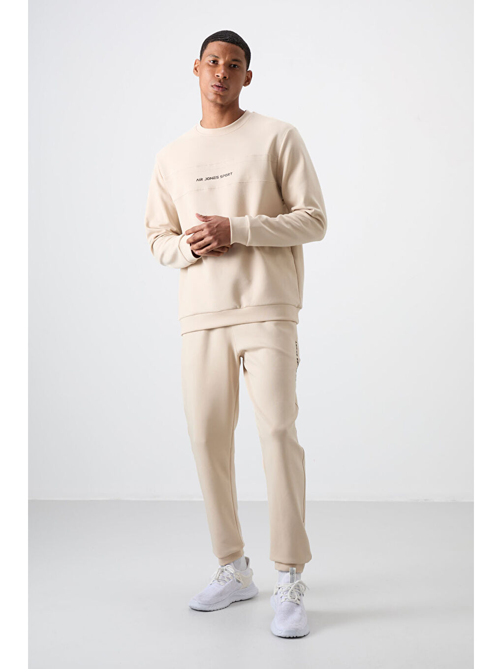 Bej Pamuklu Kalın Yumuşak Dokulu Comfort Fit Baskılı Erkek Eşofman Takım - 85253-3