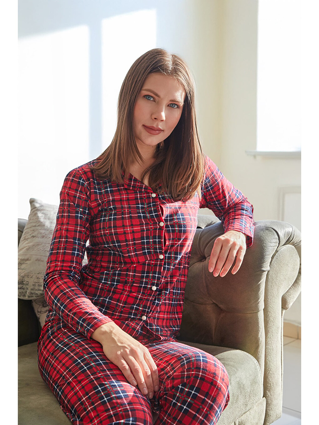 Bordo Çizgili Süet Pijama Takımı