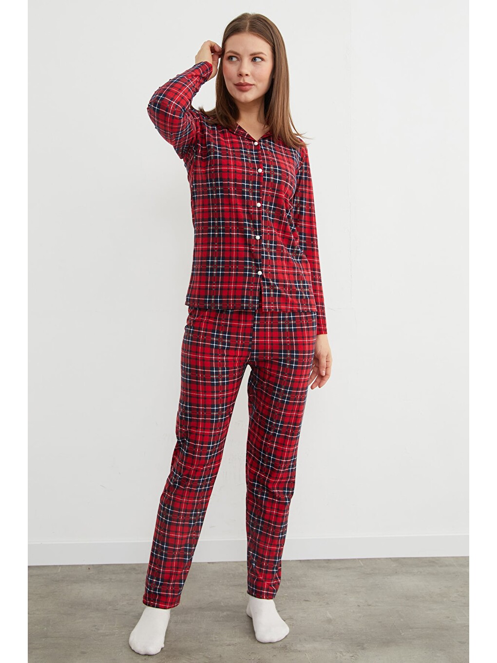 Bordo Çizgili Süet Pijama Takımı-2