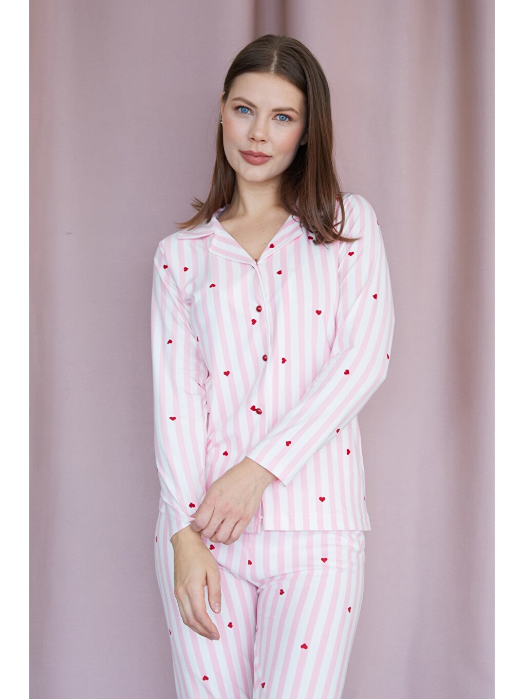 Pembe Çizgili Süet Pijama Takımı-1