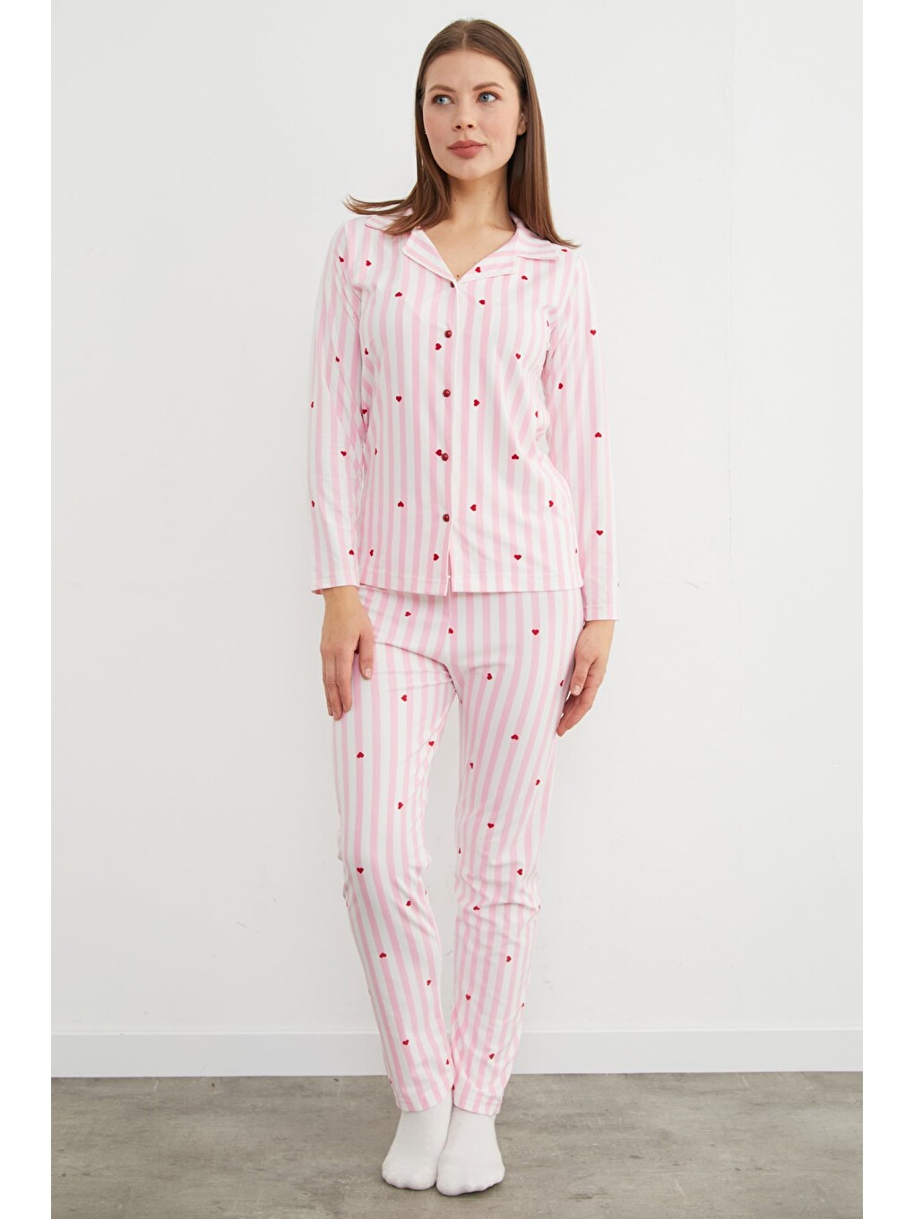 Pembe Çizgili Süet Pijama Takımı-3