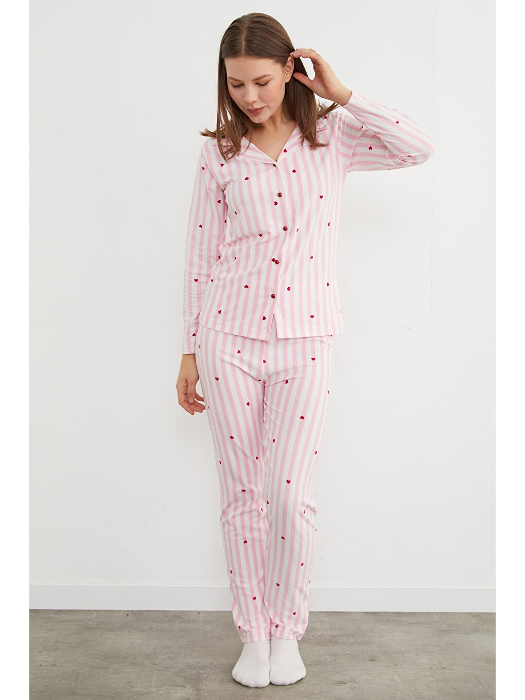 Pembe Çizgili Süet Pijama Takımı-4