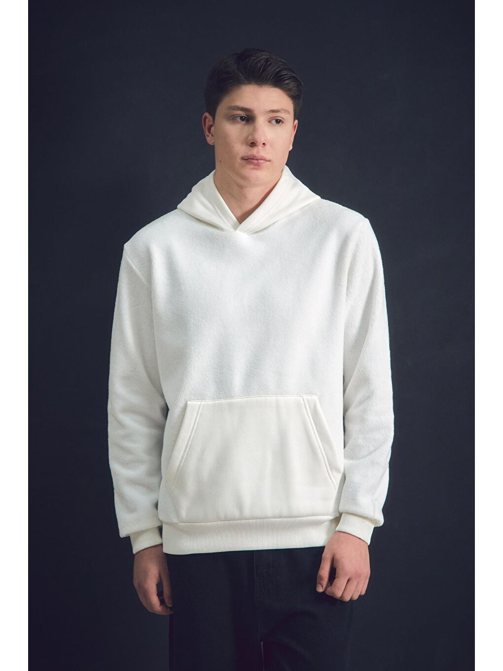 Ekru 3 İplik Kanguru Cepli Kapüşonlu Pelüş Erkek Hoodie