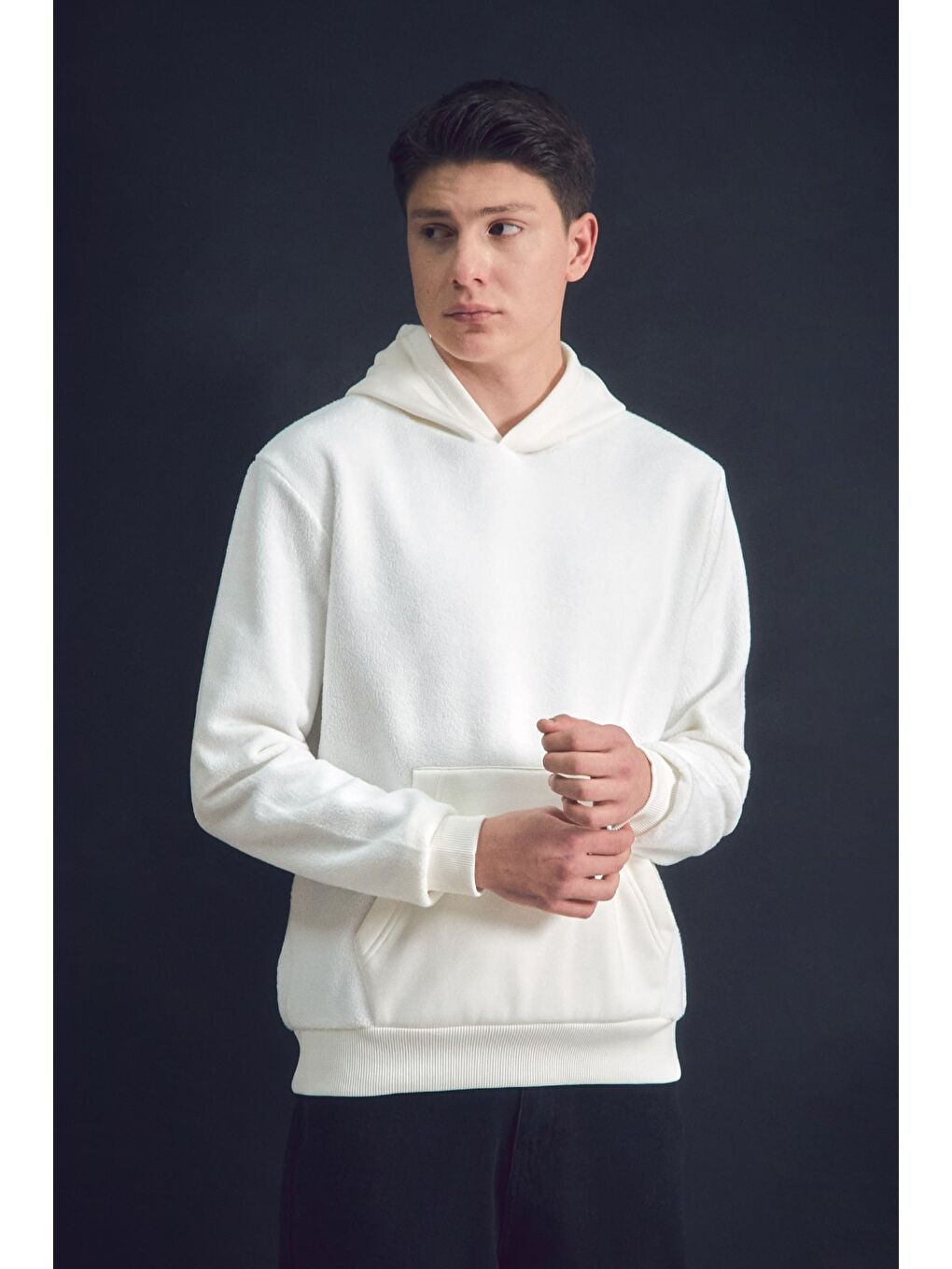 Ekru 3 İplik Kanguru Cepli Kapüşonlu Pelüş Erkek Hoodie-1