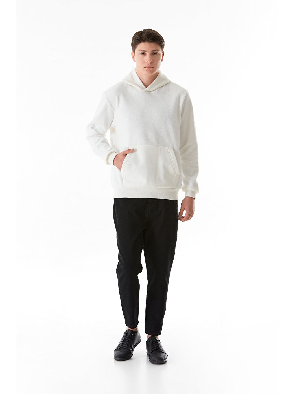 Ekru 3 İplik Kanguru Cepli Kapüşonlu Pelüş Erkek Hoodie-2