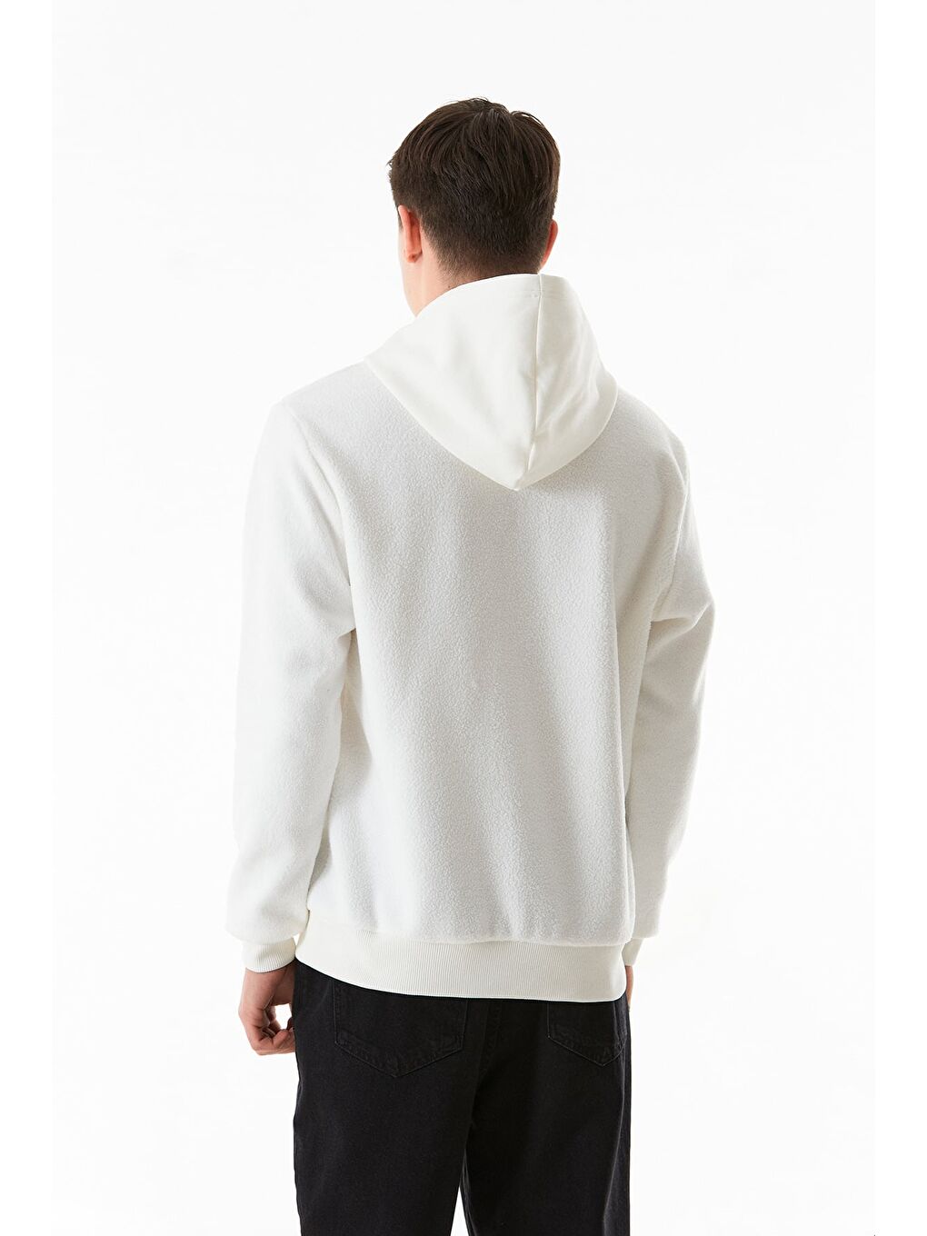 Ekru 3 İplik Kanguru Cepli Kapüşonlu Pelüş Erkek Hoodie-4