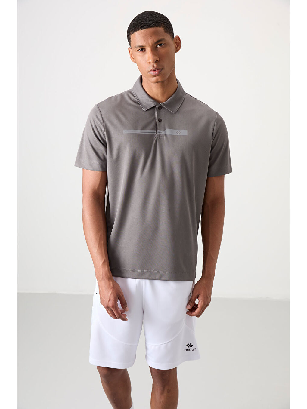 Koyu Gri Polyester Nefes Alan Dokulu İnce Esnek Standart Fit Polo Yaka Erkek Performans Tişört - 8