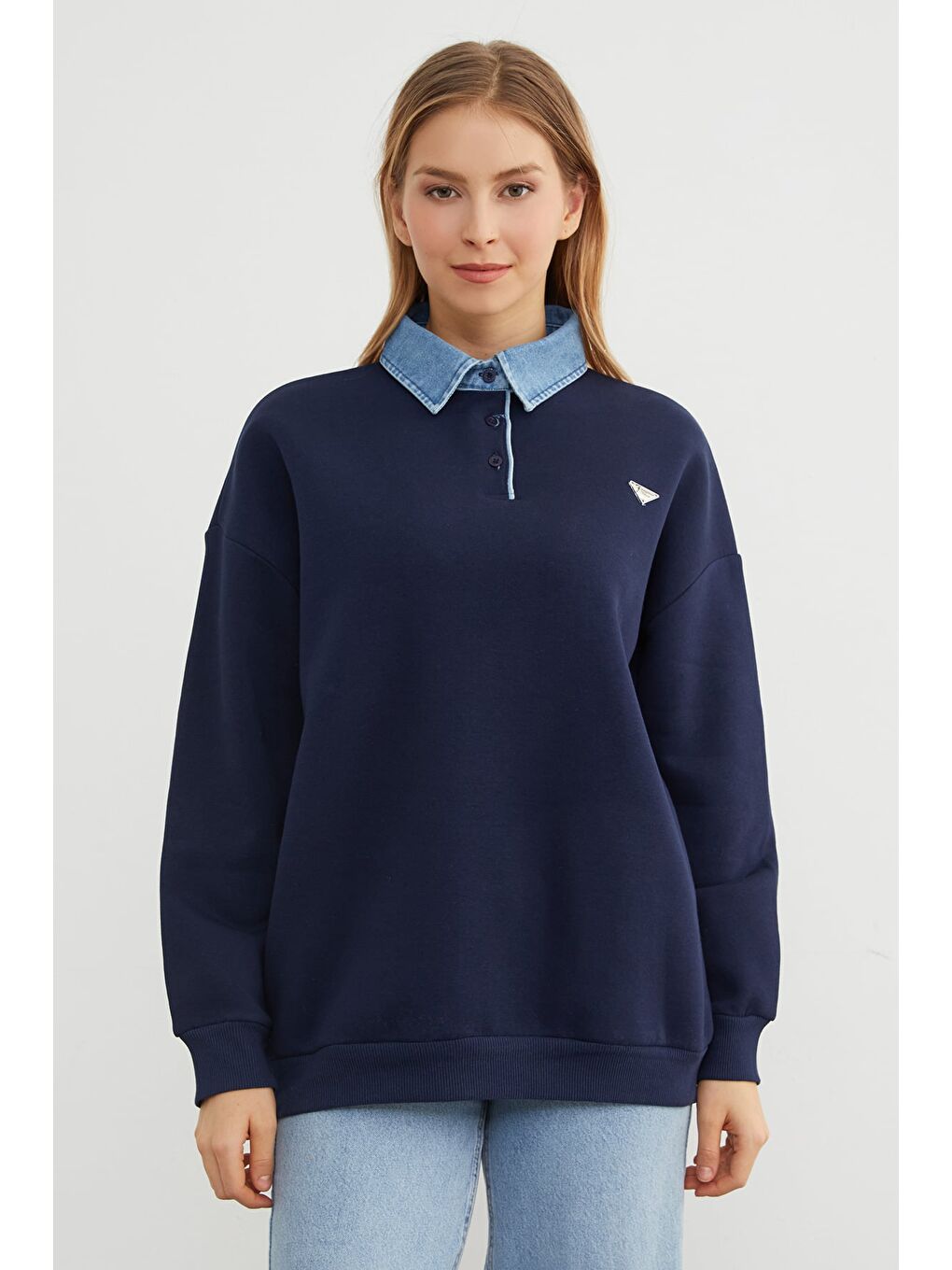 Lacivert 3 İplik Jean Garnili Metal Aksesuarlı Sweatshirt-2