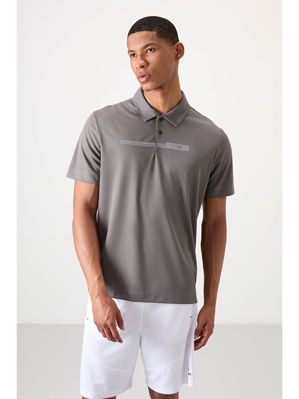 Koyu Gri Polyester Nefes Alan Dokulu İnce Esnek Standart Fit Polo Yaka Erkek Performans Tişört - 8-3