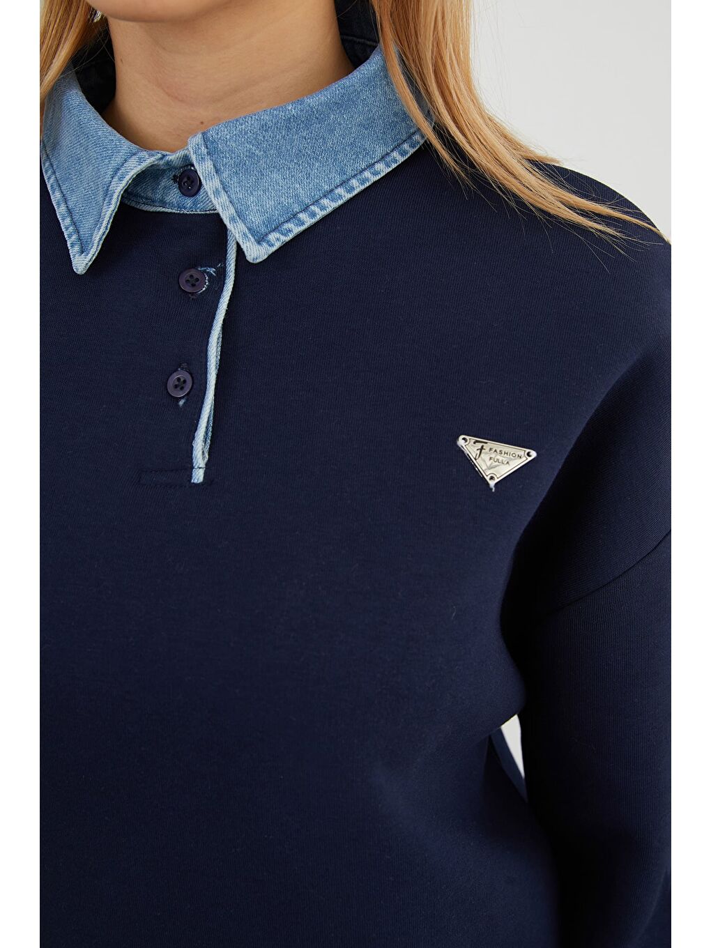 Lacivert 3 İplik Jean Garnili Metal Aksesuarlı Sweatshirt-4