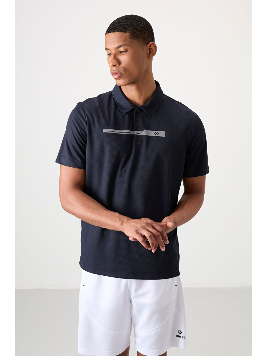 Lacivert Polyester Nefes Alan Dokulu İnce Esnek Standart Fit Polo Yaka Erkek Performans Tişört - 8-4