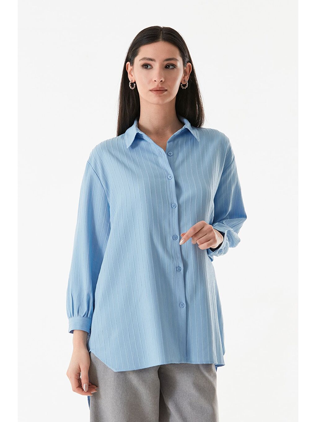 Mavi Çizgili Arkası Uzun Salaş Gömlek-2