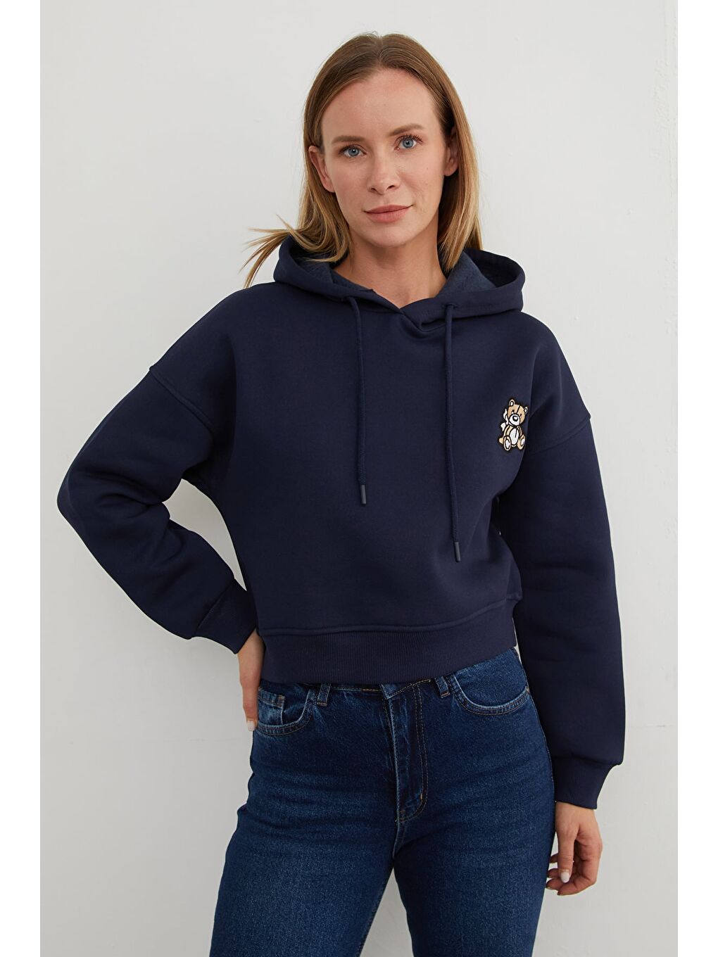 Lacivert 3 İplik Ayıcık Nakışlı Kapüşonlu Sweatshirt-2