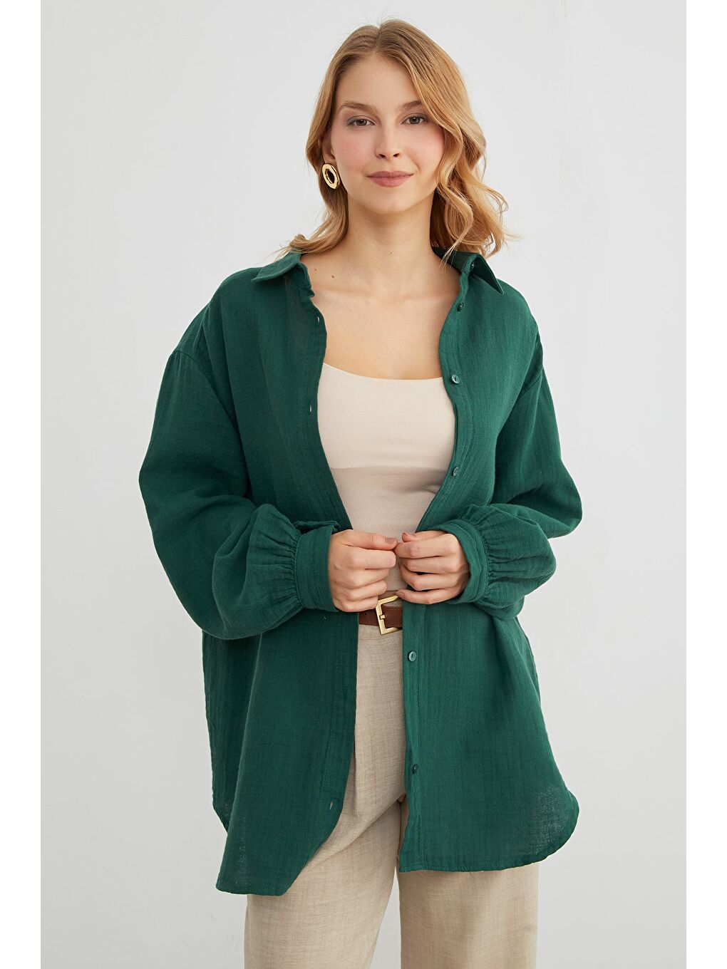 Yeşil Basic Oversize Gömlek-1