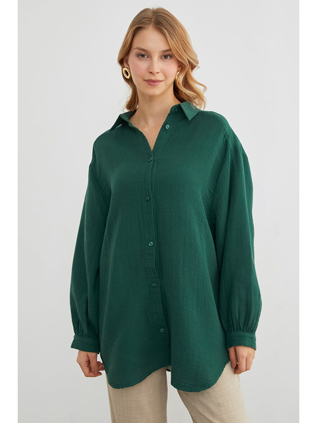 Yeşil Basic Oversize Gömlek-2