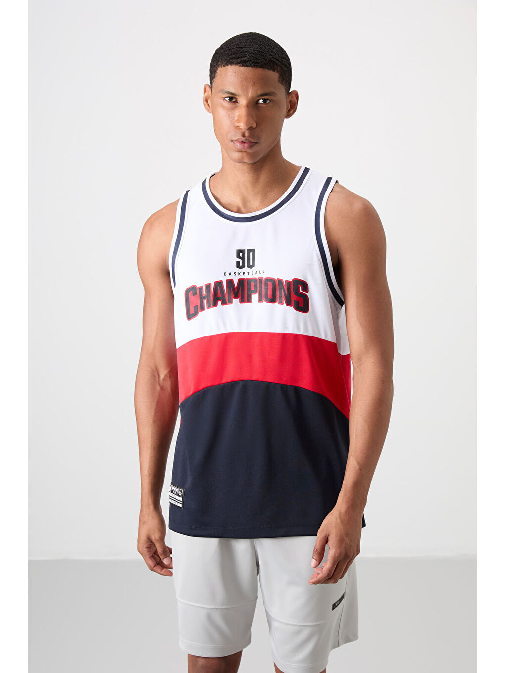 Lacivert Polyester Nefes Alan Dokulu İnce Esnek Standart Fit Erkek Basketbol Kolsuz Tişört - 88395