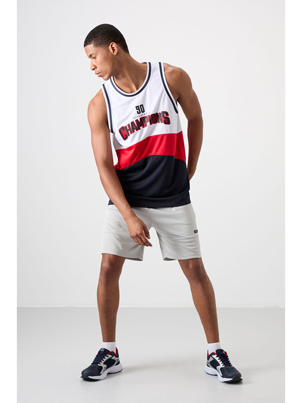 Lacivert Polyester Nefes Alan Dokulu İnce Esnek Standart Fit Erkek Basketbol Kolsuz Tişört - 88395-1