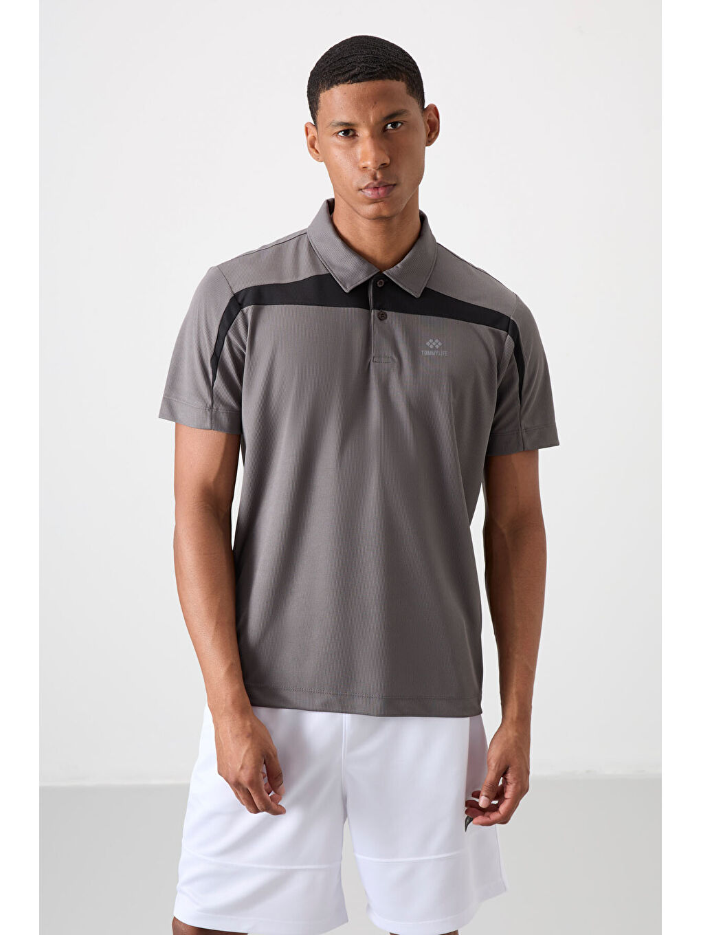 Koyu Gri Polyester Nefes Alan Dokulu İnce Esnek Standart Fit Polo Yaka Erkek Performans Tişört - 8