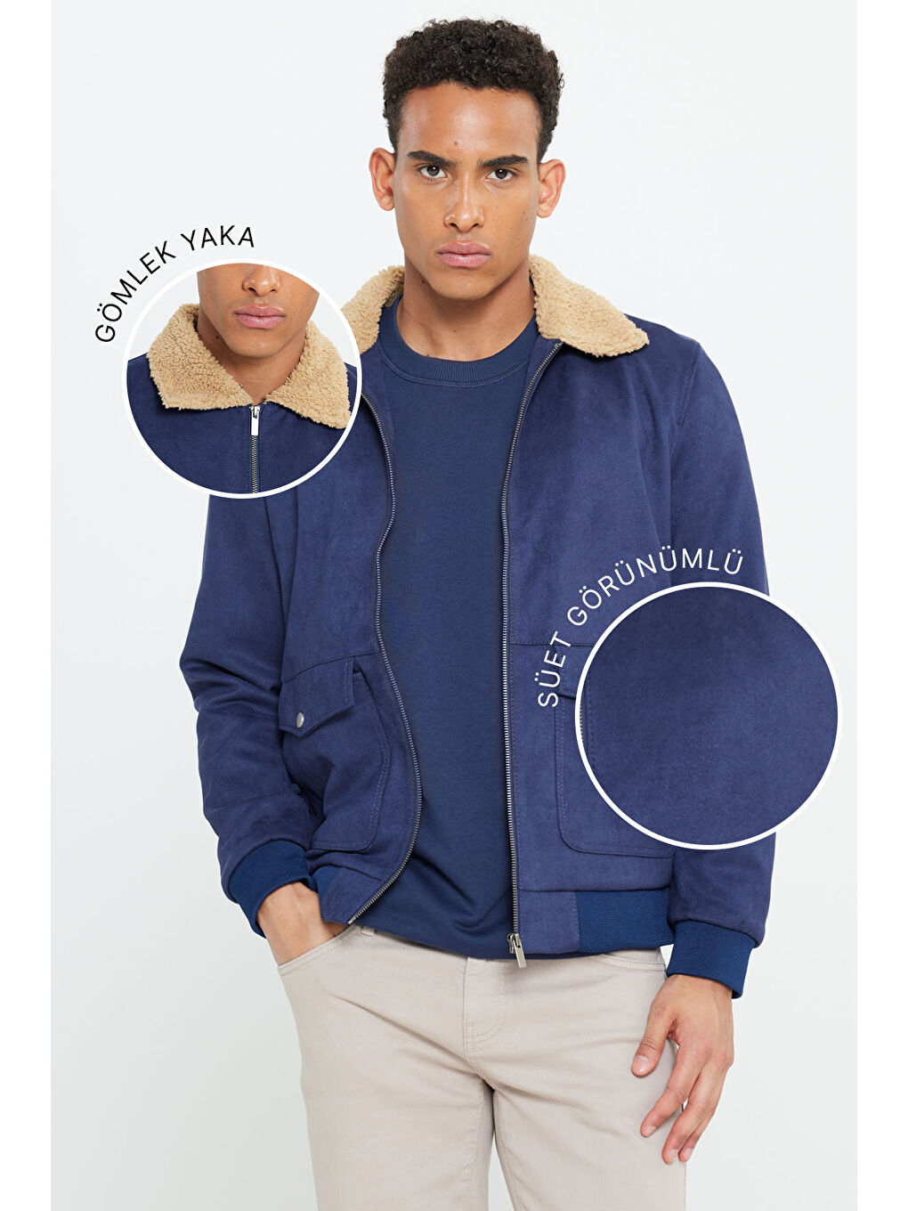 Erkek Lacivert Standart Fit Normal Kesim Gömlek Yaka Süet Görünümlü Mont