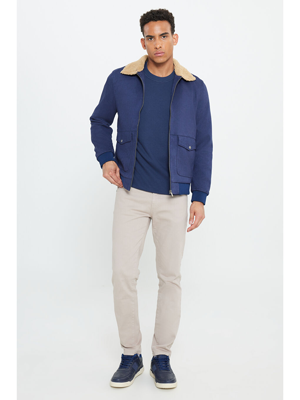 Erkek Lacivert Standart Fit Normal Kesim Gömlek Yaka Süet Görünümlü Mont-1