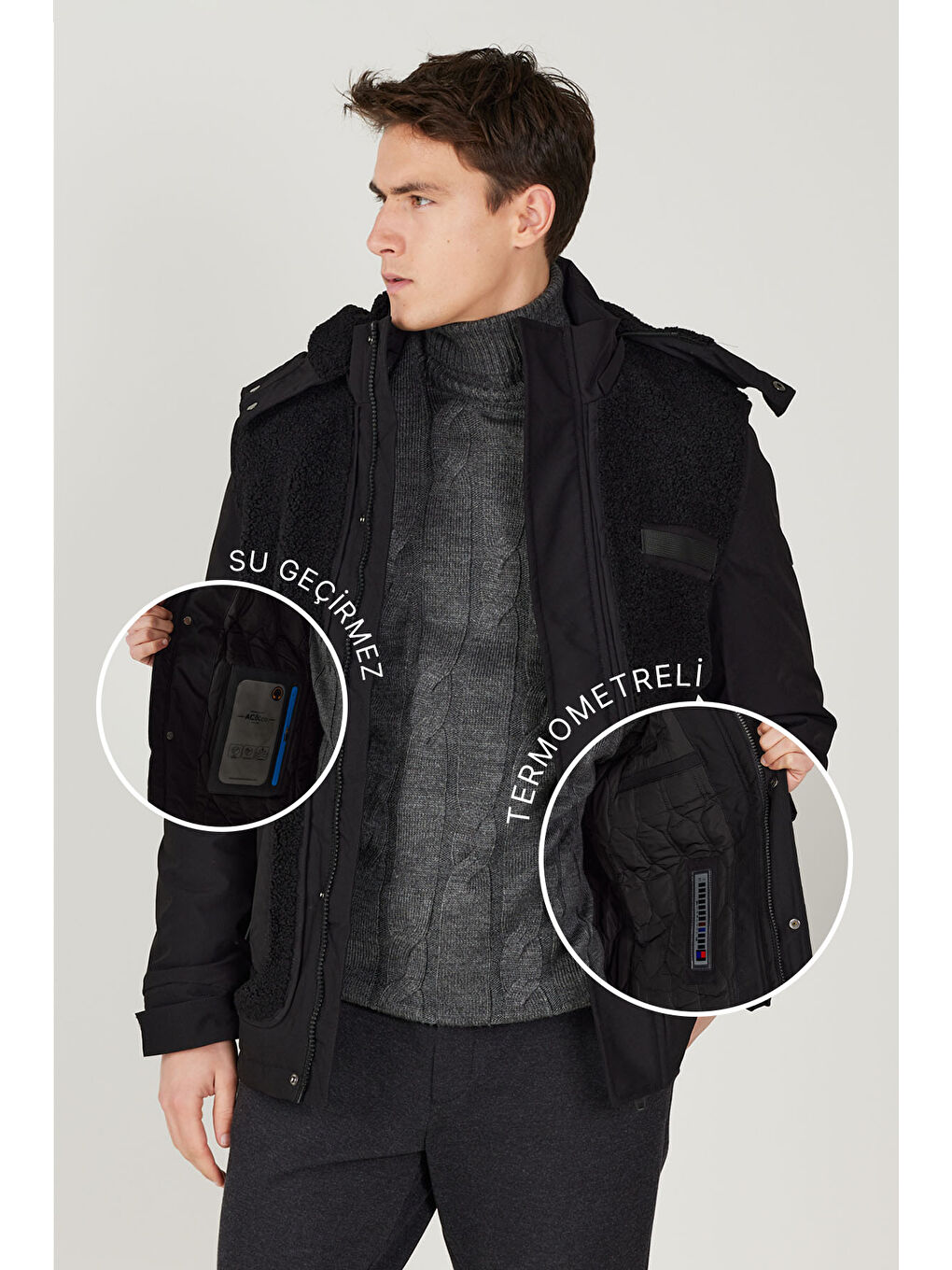 Erkek Siyah Standart Fit Normal Kesim Rüzgar Geçirmez Termometreli Sıcak Tutan Kapüşonlu Mont Kaban