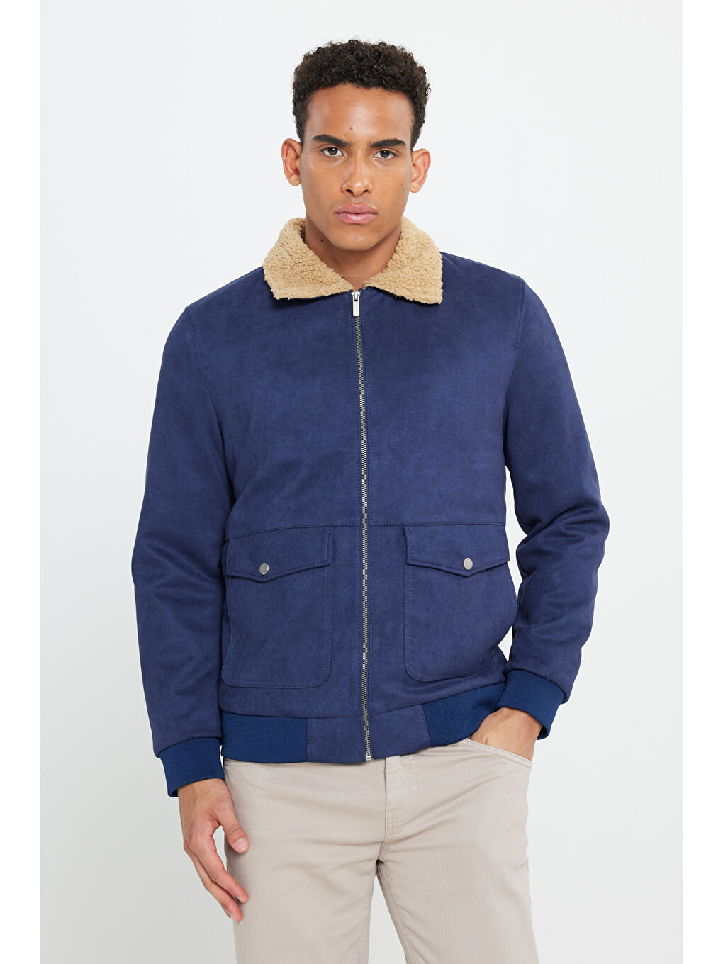 Erkek Lacivert Standart Fit Normal Kesim Gömlek Yaka Süet Görünümlü Mont-2