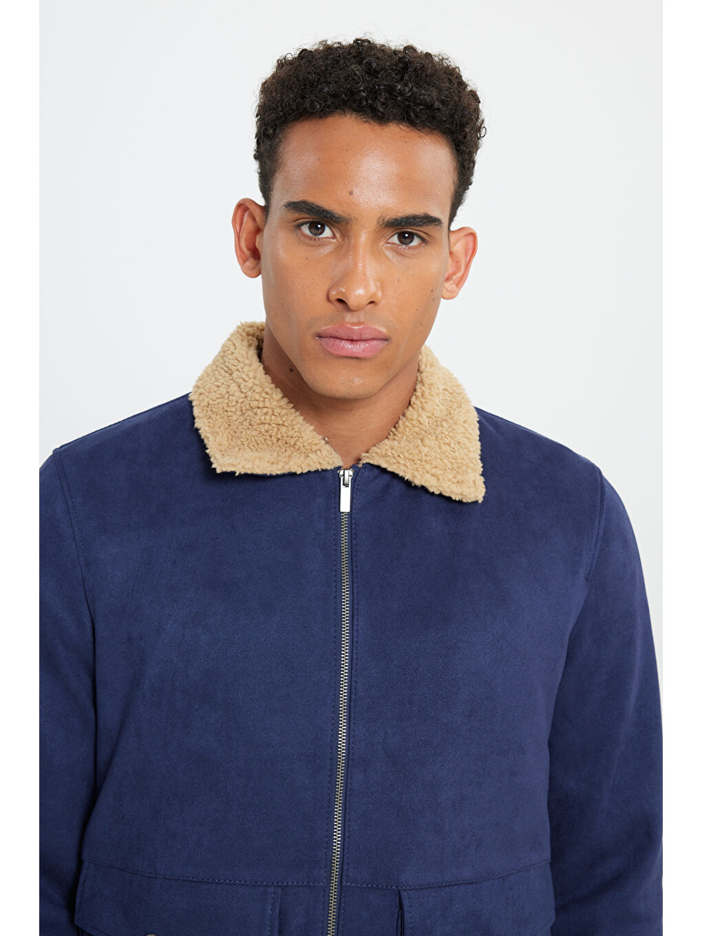 Erkek Lacivert Standart Fit Normal Kesim Gömlek Yaka Süet Görünümlü Mont-3