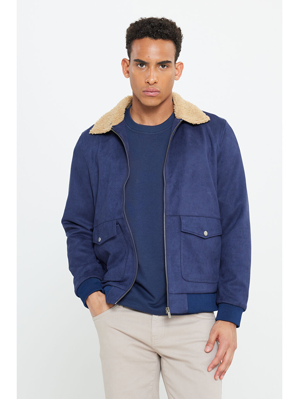 Erkek Lacivert Standart Fit Normal Kesim Gömlek Yaka Süet Görünümlü Mont-4