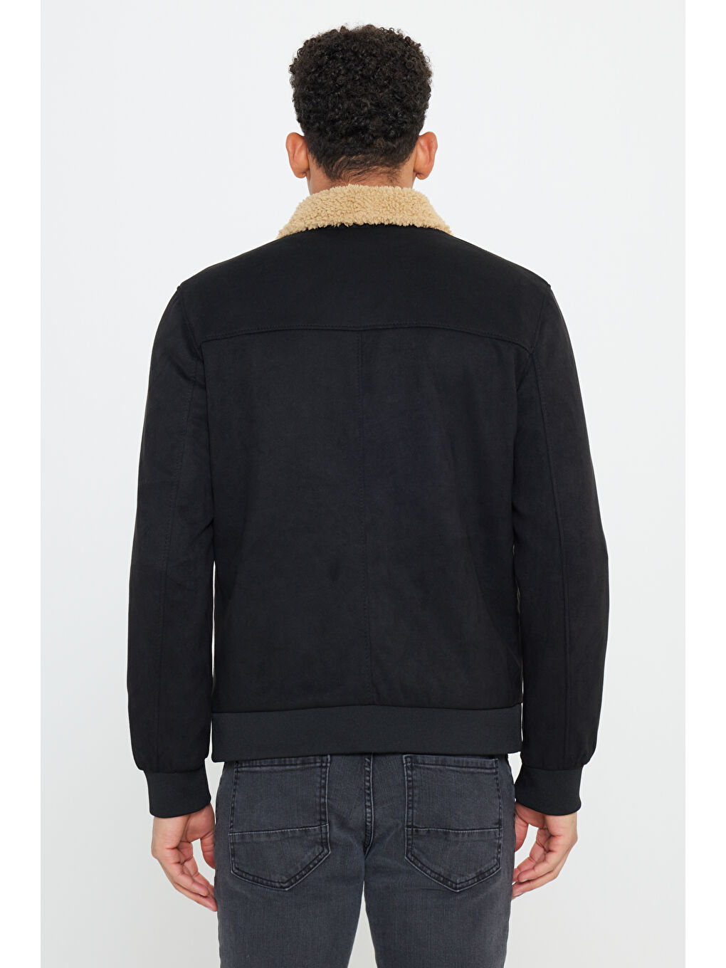 Erkek Siyah Standart Fit Normal Kesim Gömlek Yaka Süet Görünümlü Kürk Yaka Mont-5