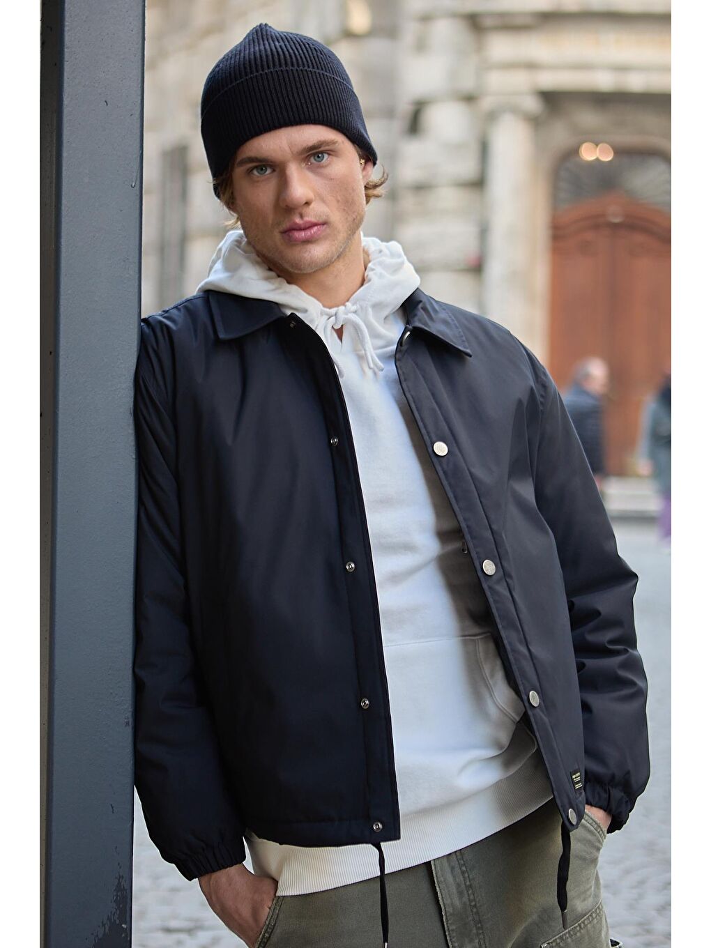 Erkek Oversize Çıt Çıt Kapamalı Lacivert Ceket Mont-2