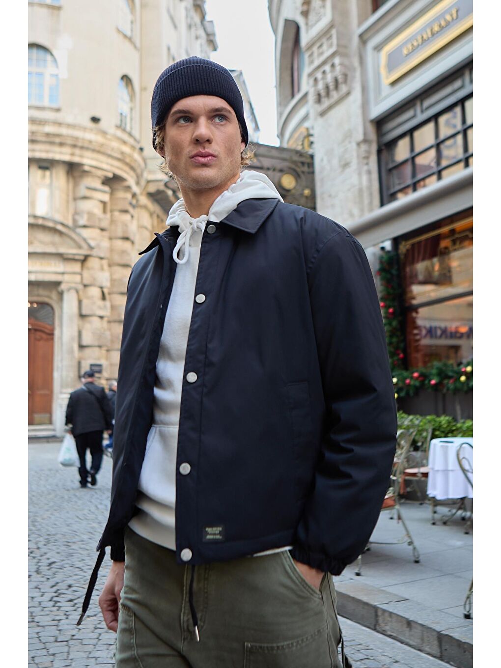 Erkek Oversize Çıt Çıt Kapamalı Lacivert Ceket Mont-4