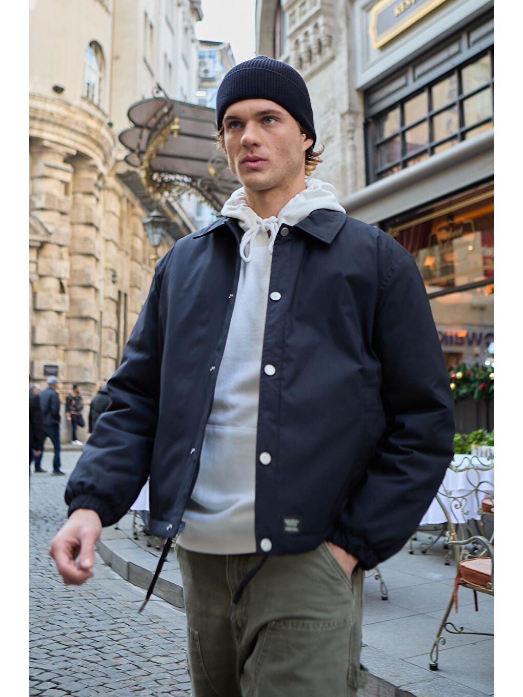 Erkek Oversize Çıt Çıt Kapamalı Lacivert Ceket Mont-5