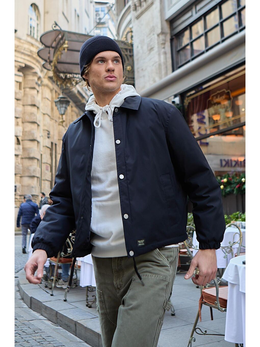 Erkek Oversize Çıt Çıt Kapamalı Lacivert Ceket Mont-7