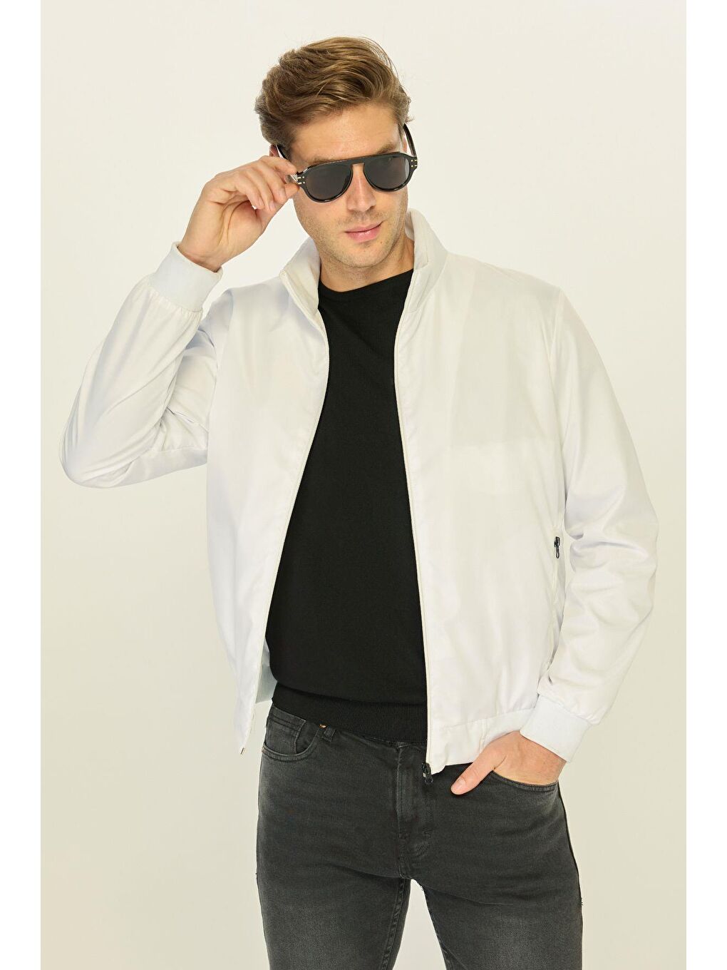 Beyaz Erkek Dik Yaka Spor Mont M-9-1-2