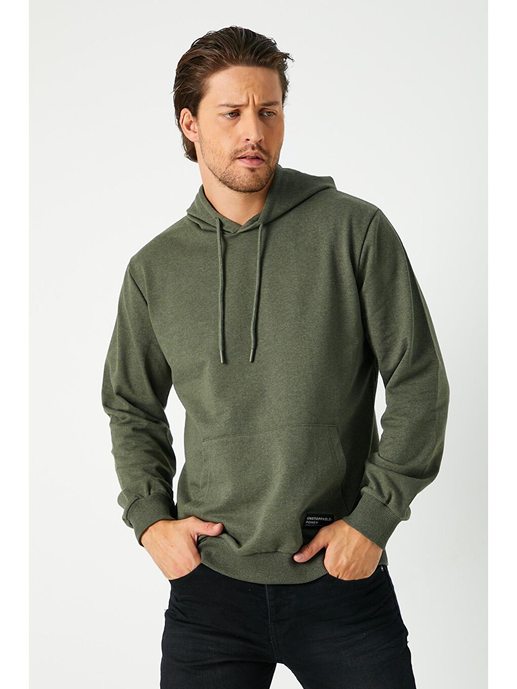 Haki  Kapüşonlu Kanguru Cepli Erkek Büyük Beden Hoodie-1
