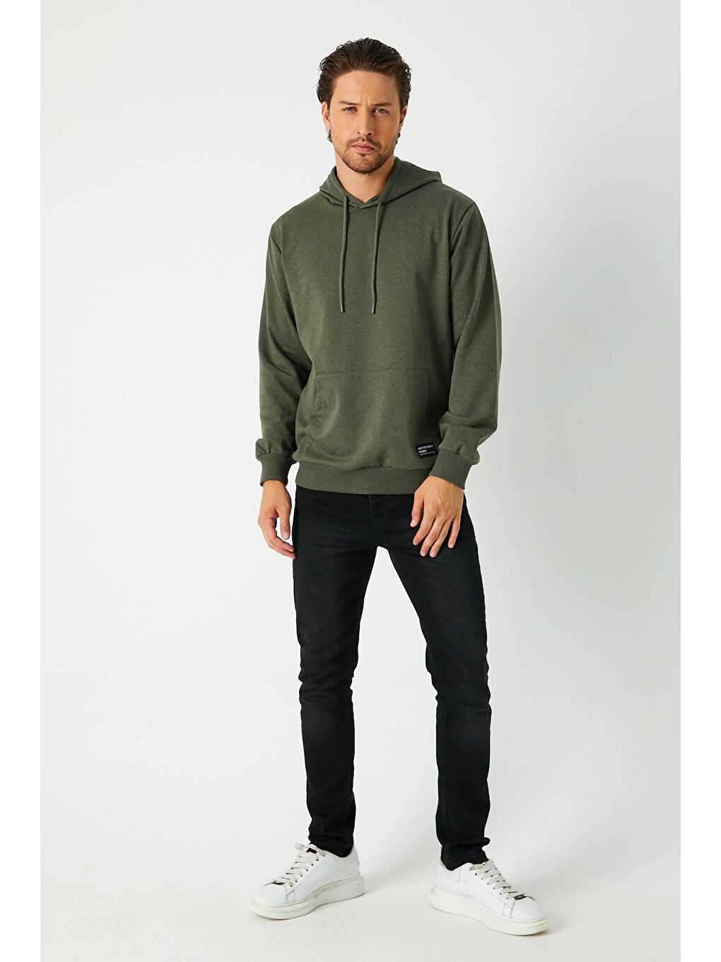 Haki  Kapüşonlu Kanguru Cepli Erkek Büyük Beden Hoodie-2